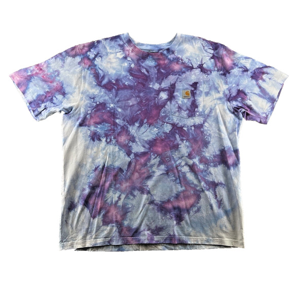 Carhartt Navy Blue Logo T-Shirt Mens Tag 2XL Acid Wash Tie Dye Pocket T - Picture 1 of 4